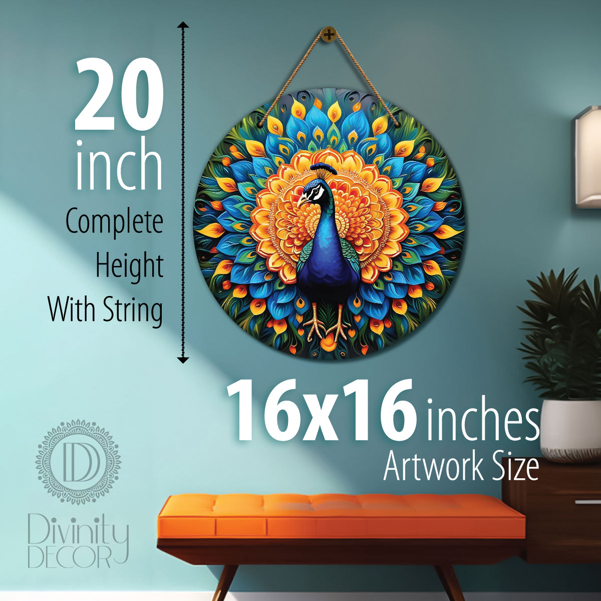Peacock in green and orange mandala Round Wooden Wall Hanging for wall Décor - Design - 190