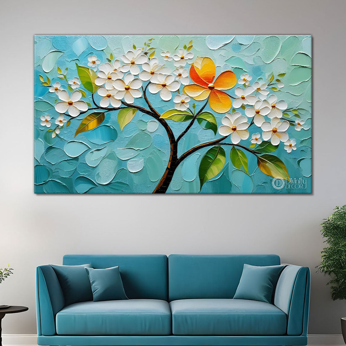 White flower tree in textured background oil painting- Design - Tree-190