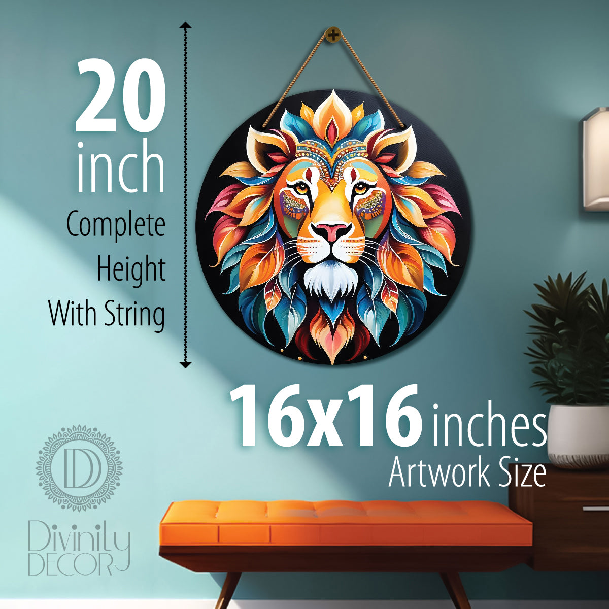 Lion in colourful and black mandala Round Wooden Wall Hanging for wall Décor - Design - 192