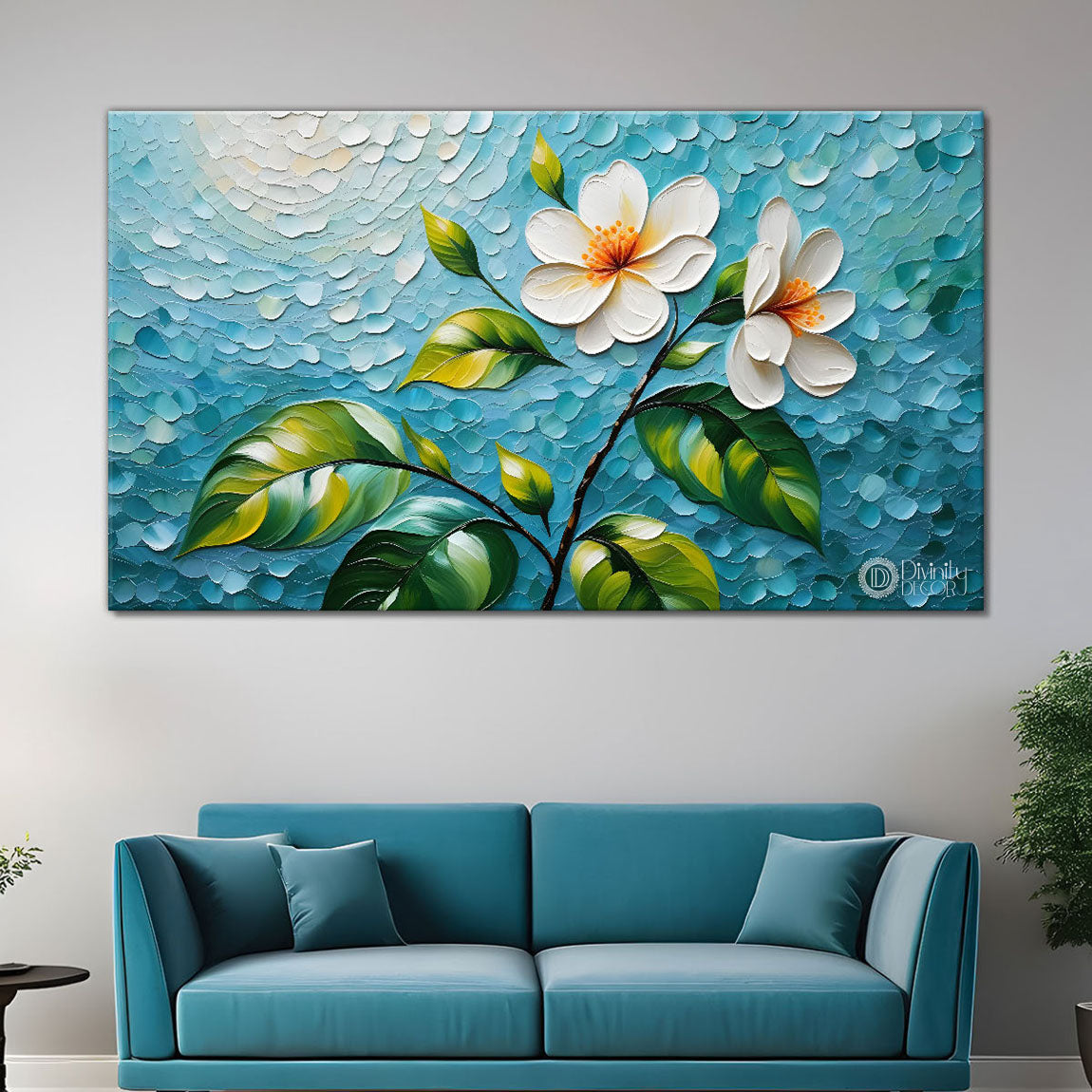 White flower tree in textured background oil painting- Design - Tree-192