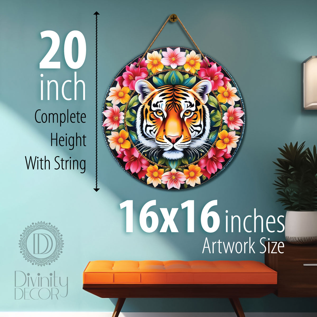 Tiger in green and floral mandala Round Wooden Wall Hanging for wall Décor - Design - 193