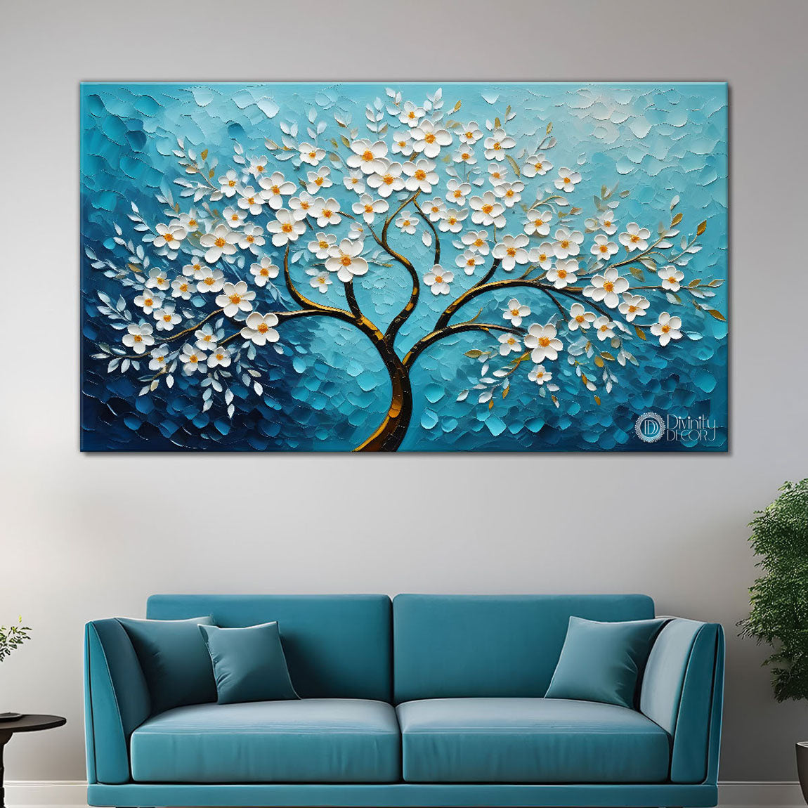 White flower tree in textured background oil painting- Design - Tree-194
