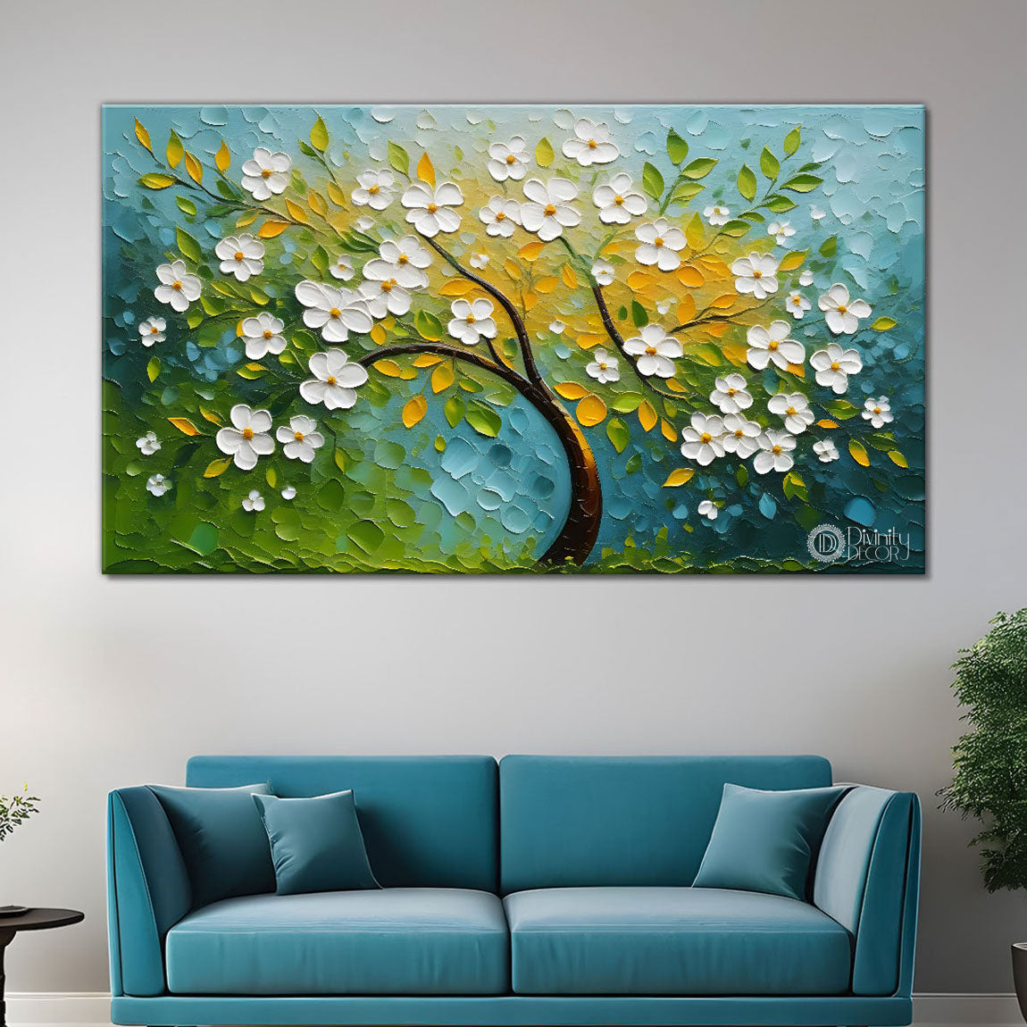 White flower tree in textured background oil painting- Design - Tree-195