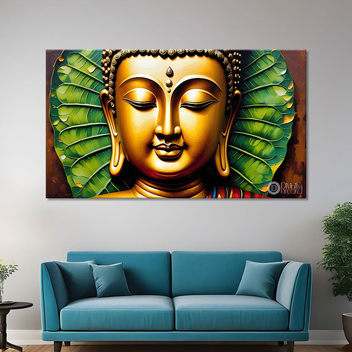 Golden buddha with the leaves background textured painting Canvas Wall Painting - Buddha-196