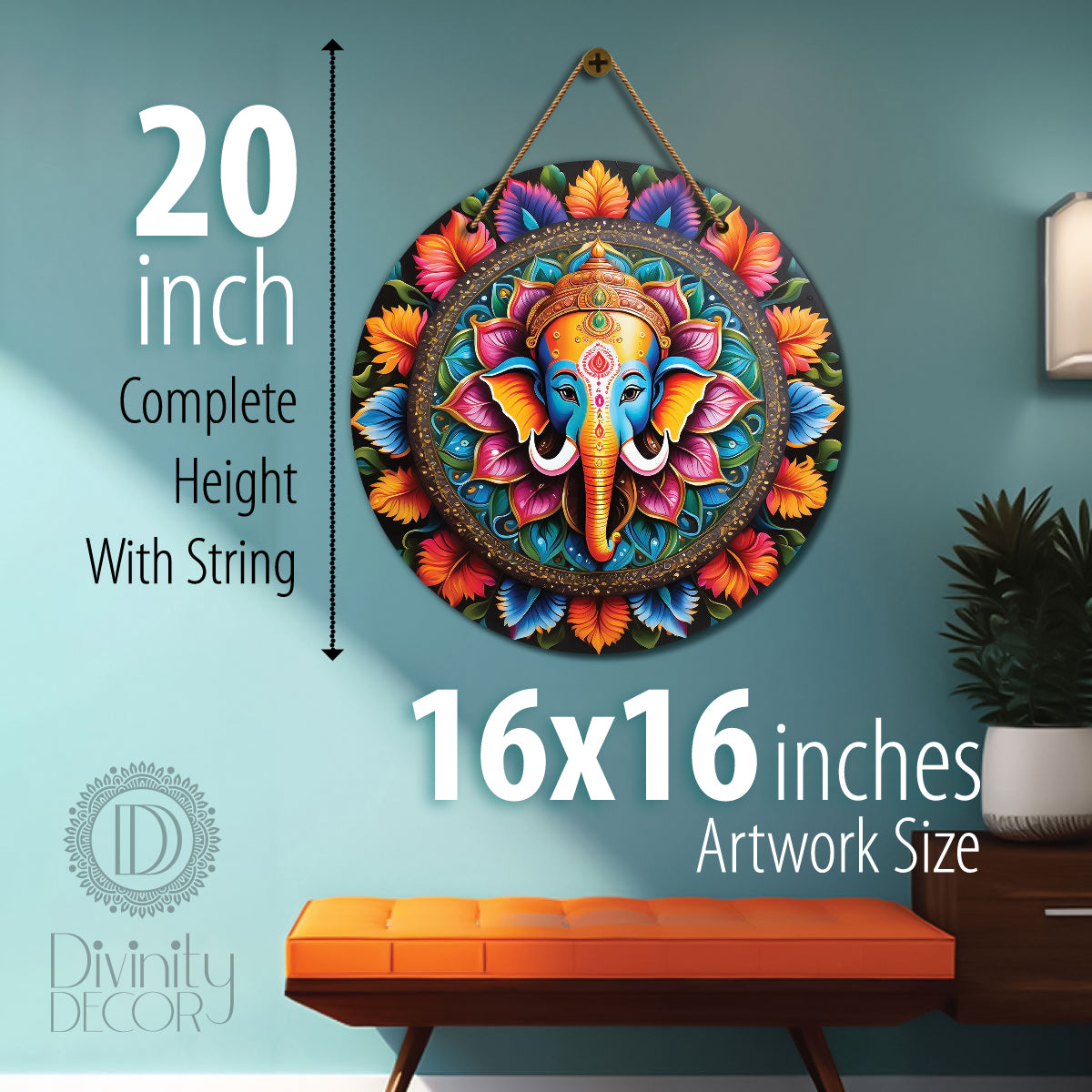 Ganesh Ji in orange and pink mandala Round Wooden Wall Hanging for wall Décor - Design - 196