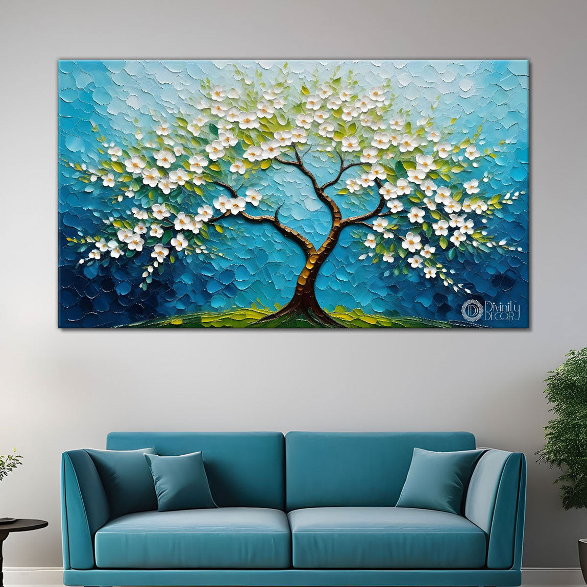White flower tree in textured background oil painting- Design - Tree-197