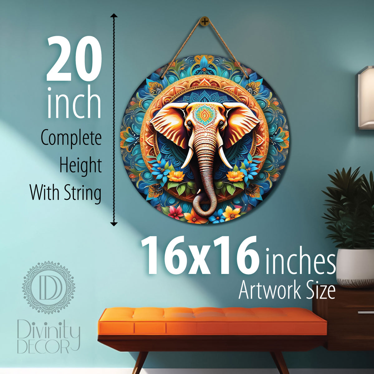 Elephant in blue and brown mandala Round Wooden Wall Hanging for wall Décor - Design - 197