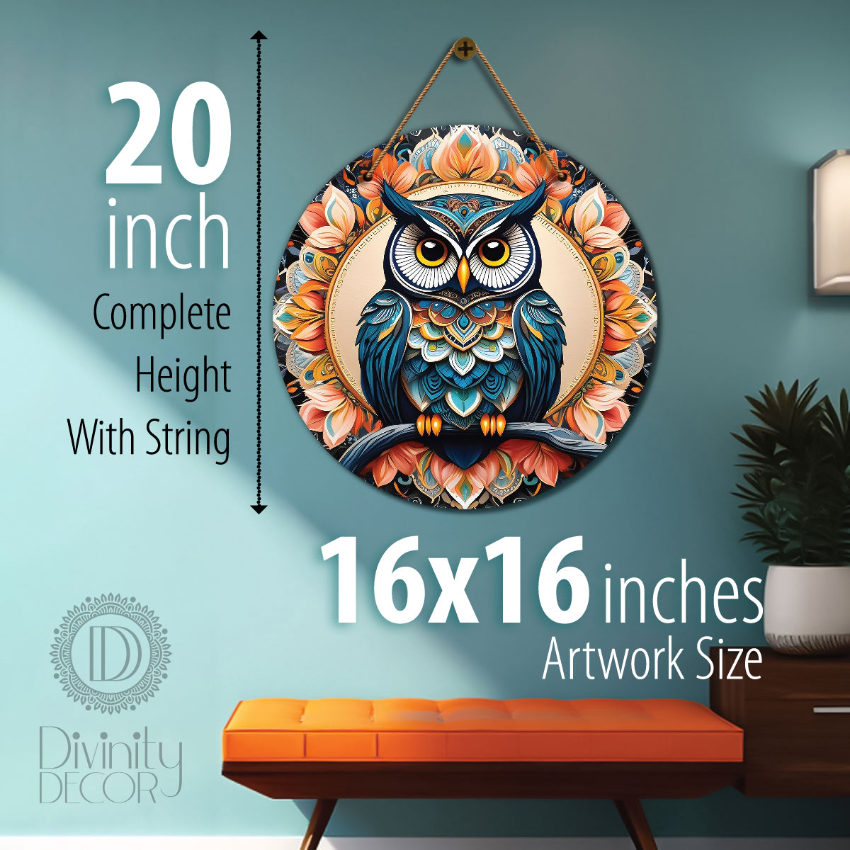 Owl in peach and black mandala Round Wooden Wall Hanging for wall Décor - Design - 198