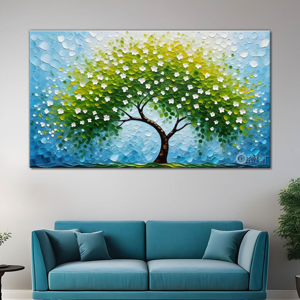 White flower tree in textured background oil painting- Design - Tree-198