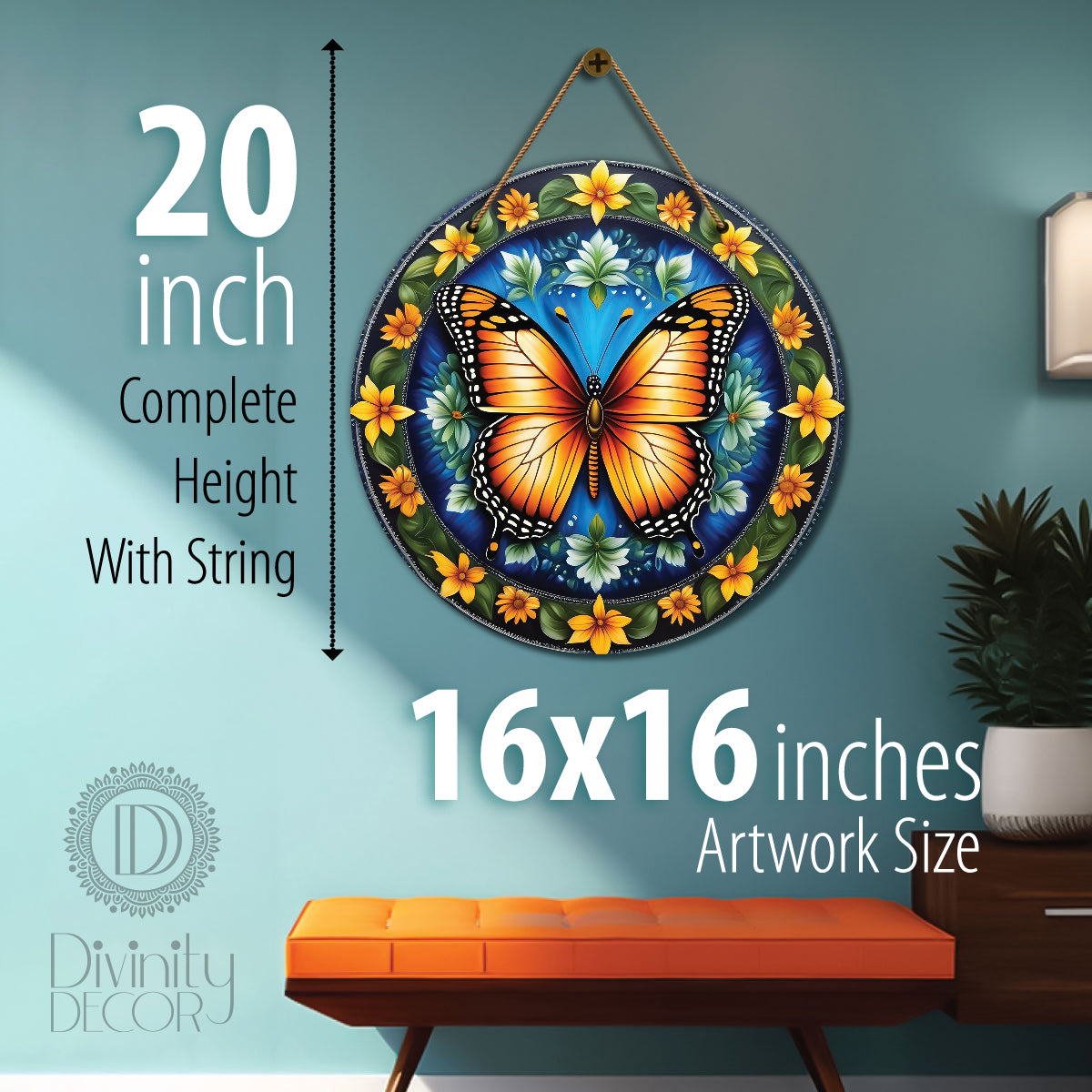 Butterfly in green and floral mandala Round Wooden Wall Hanging for wall Décor - Design - 199