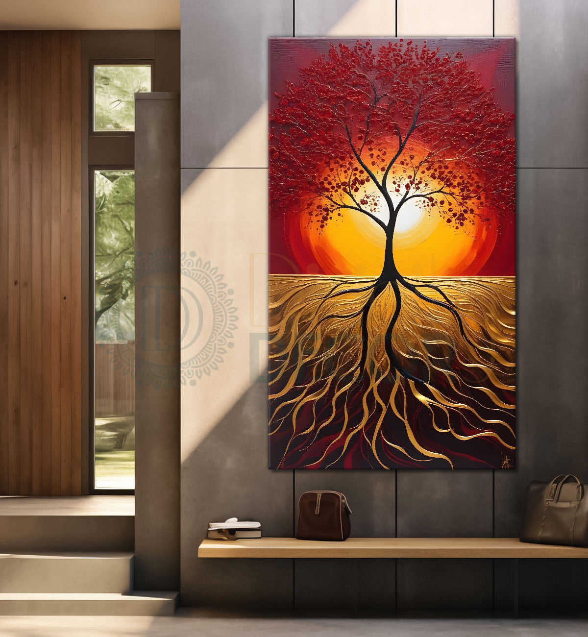 Red textured tree in front of sun with red textured oil painting Canvas painting - Tree-V-19