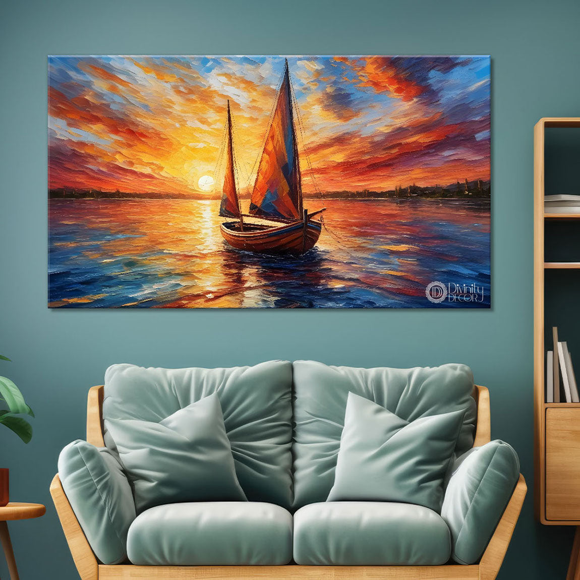 Boat in sea with sunrise background textured modern art canvas painting - Design - River-20