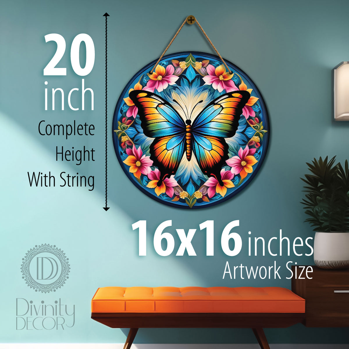Butterfly in blue and pink mandala Round Wooden Wall Hanging for wall Décor - Design - 200