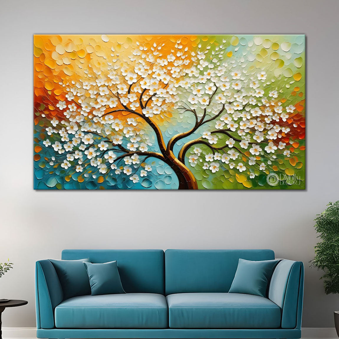 White flower tree in textured background oil painting- Design - Tree-200