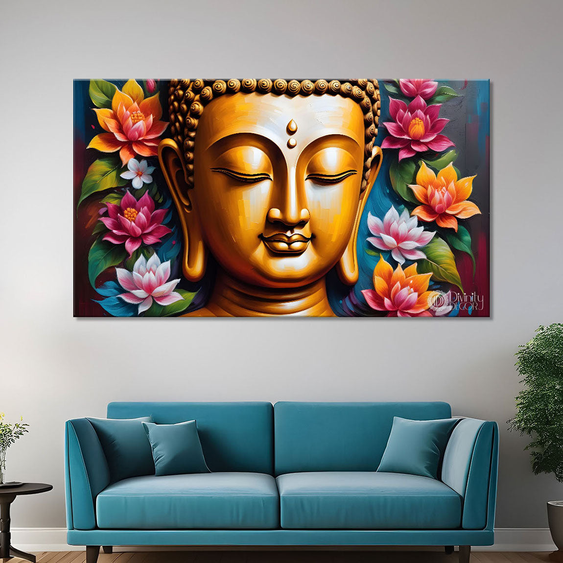 Golden buddha with lotus background painting Canvas Wall Painting - Buddha-201