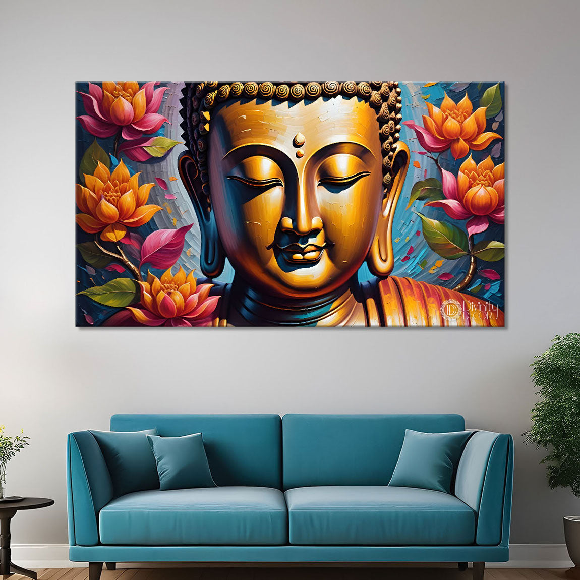 Golden buddha with lotus background painting Canvas Wall Painting - Buddha-202