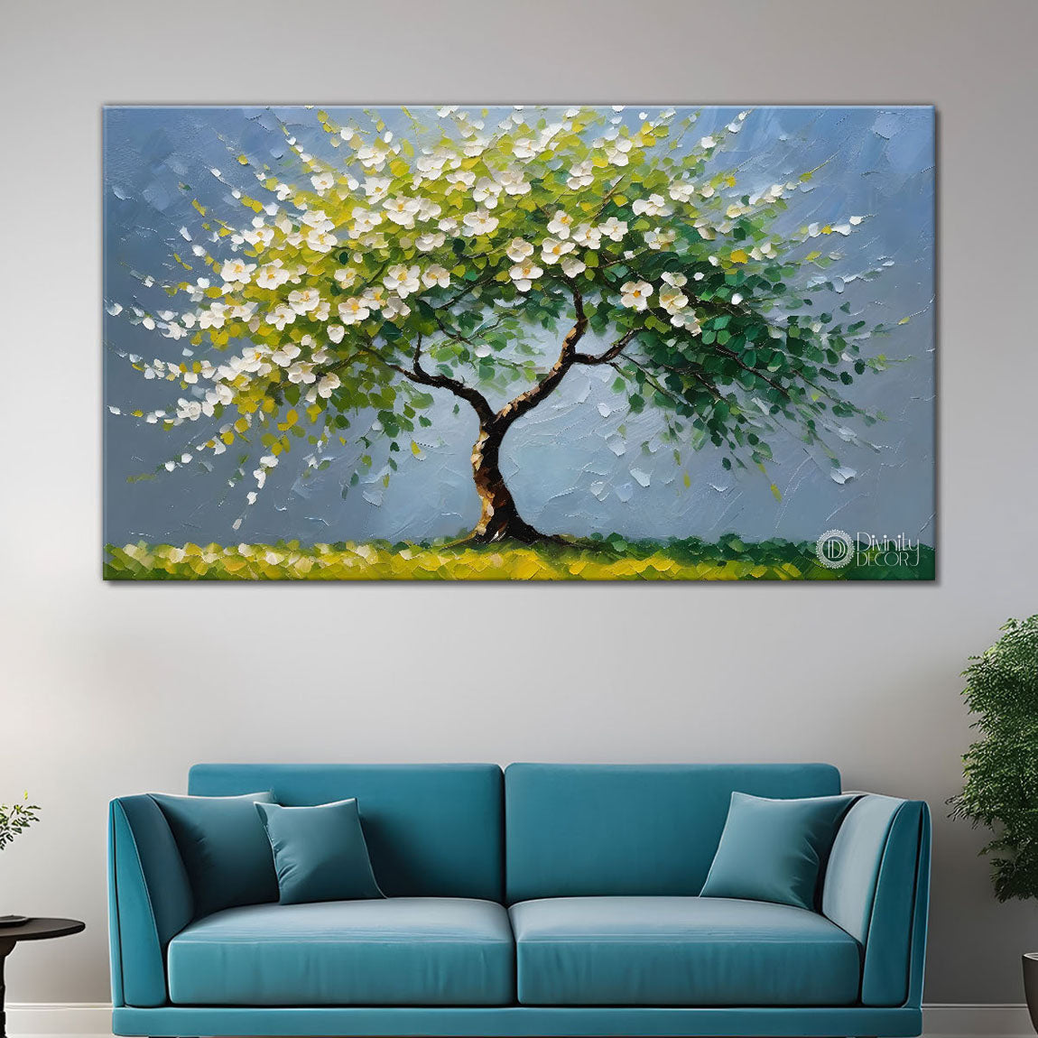 White flower tree in textured background oil painting- Design - Tree-202