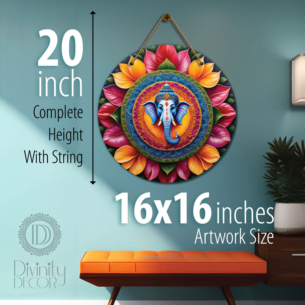 Ganesh Ji in yellow and pink mandala Round Wooden Wall Hanging for wall Décor - Design - 202