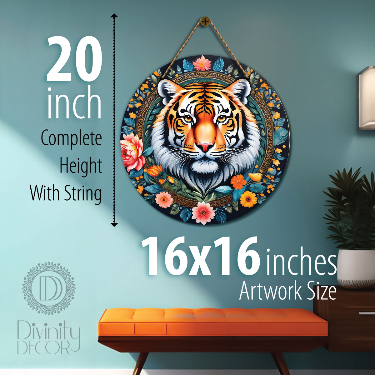 Tiger in green and floral mandala Round Wooden Wall Hanging for wall Décor - Design - 203