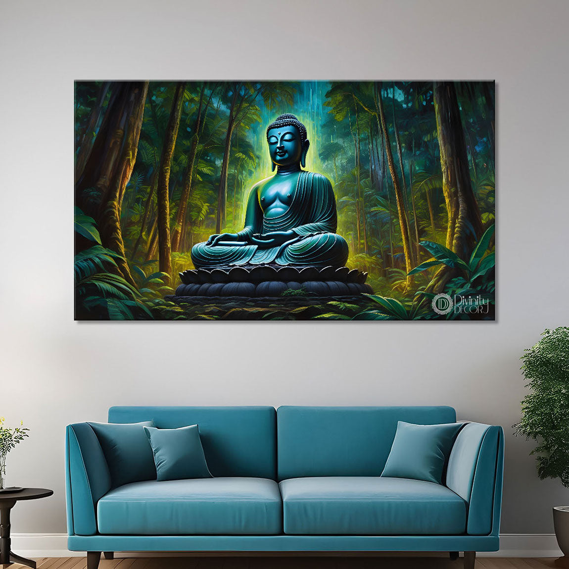 Blue buddha in the jungle background painting Canvas Wall Painting - Buddha-204