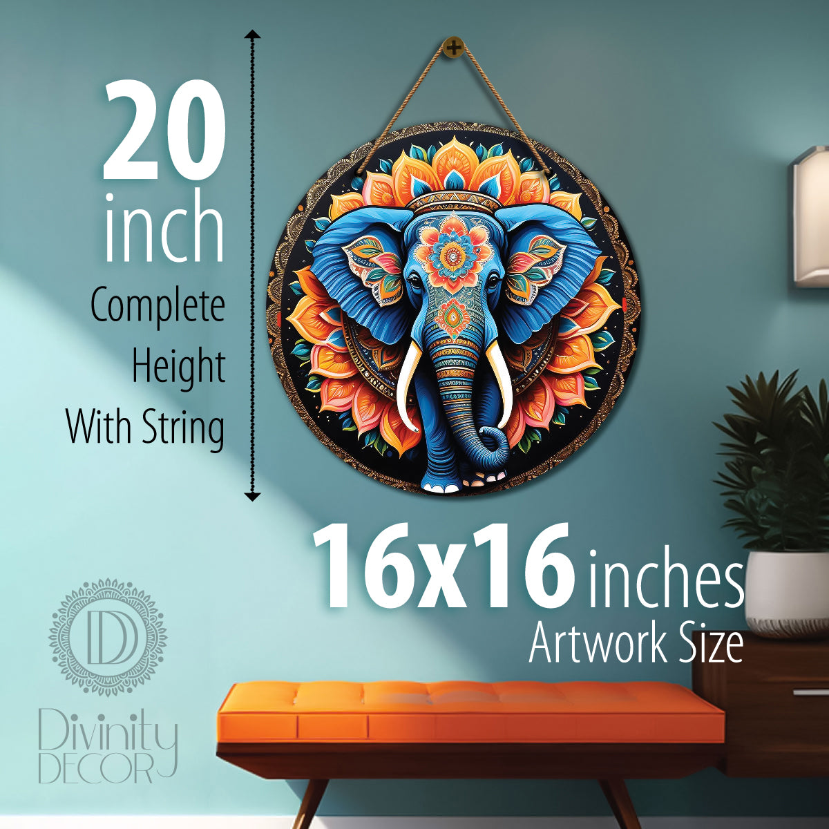 Elephant in orange and black mandala Round Wooden Wall Hanging for wall Décor - Design - 204