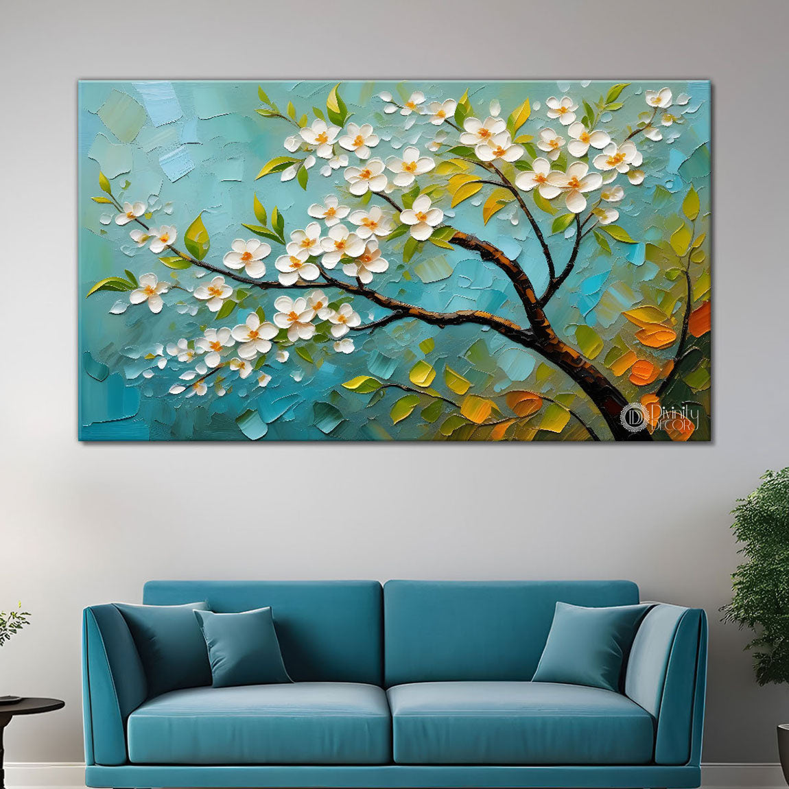 White flower tree in textured background oil painting- Design - Tree-205