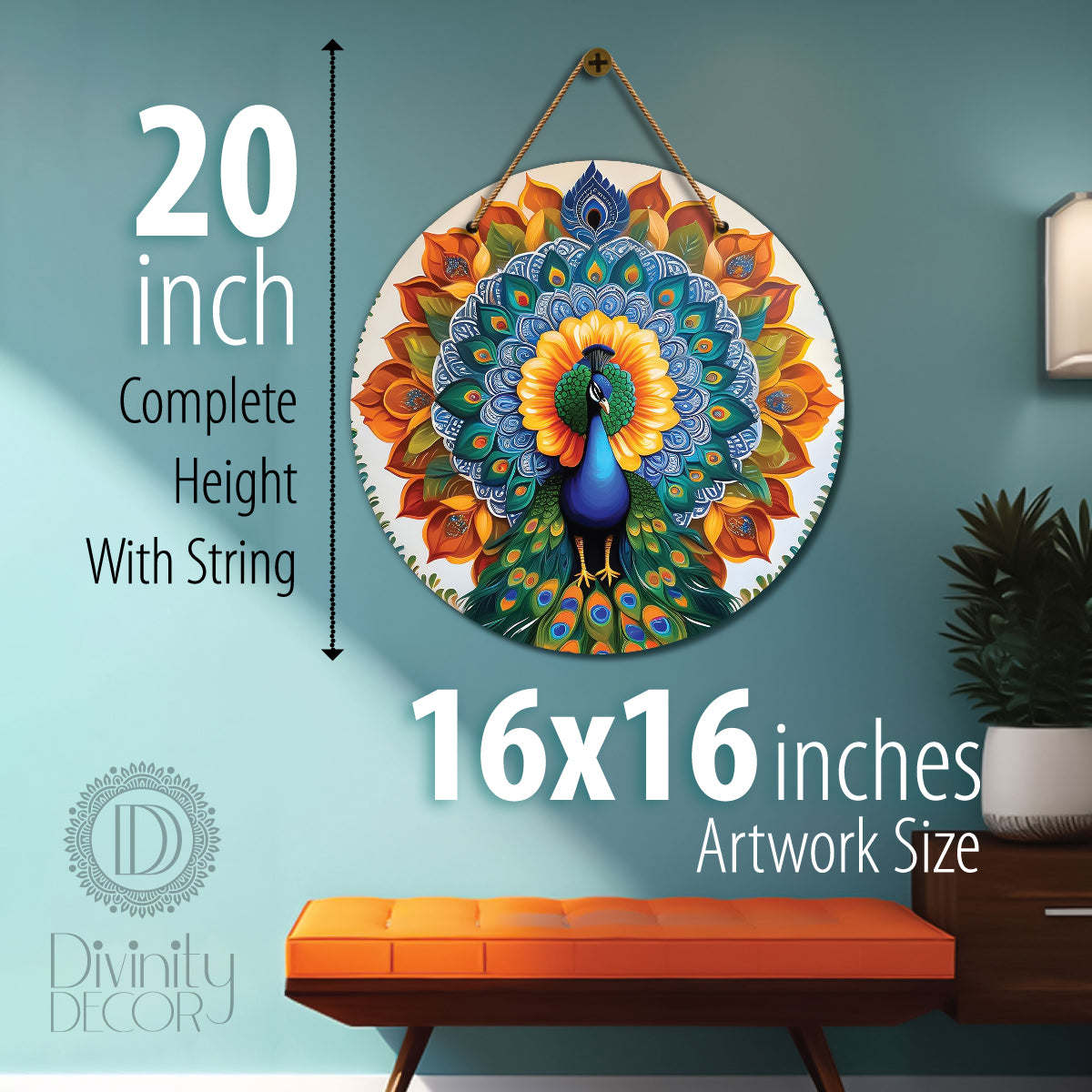 Peacock in blue and orange mandala Round Wooden Wall Hanging for wall Décor - Design - 205