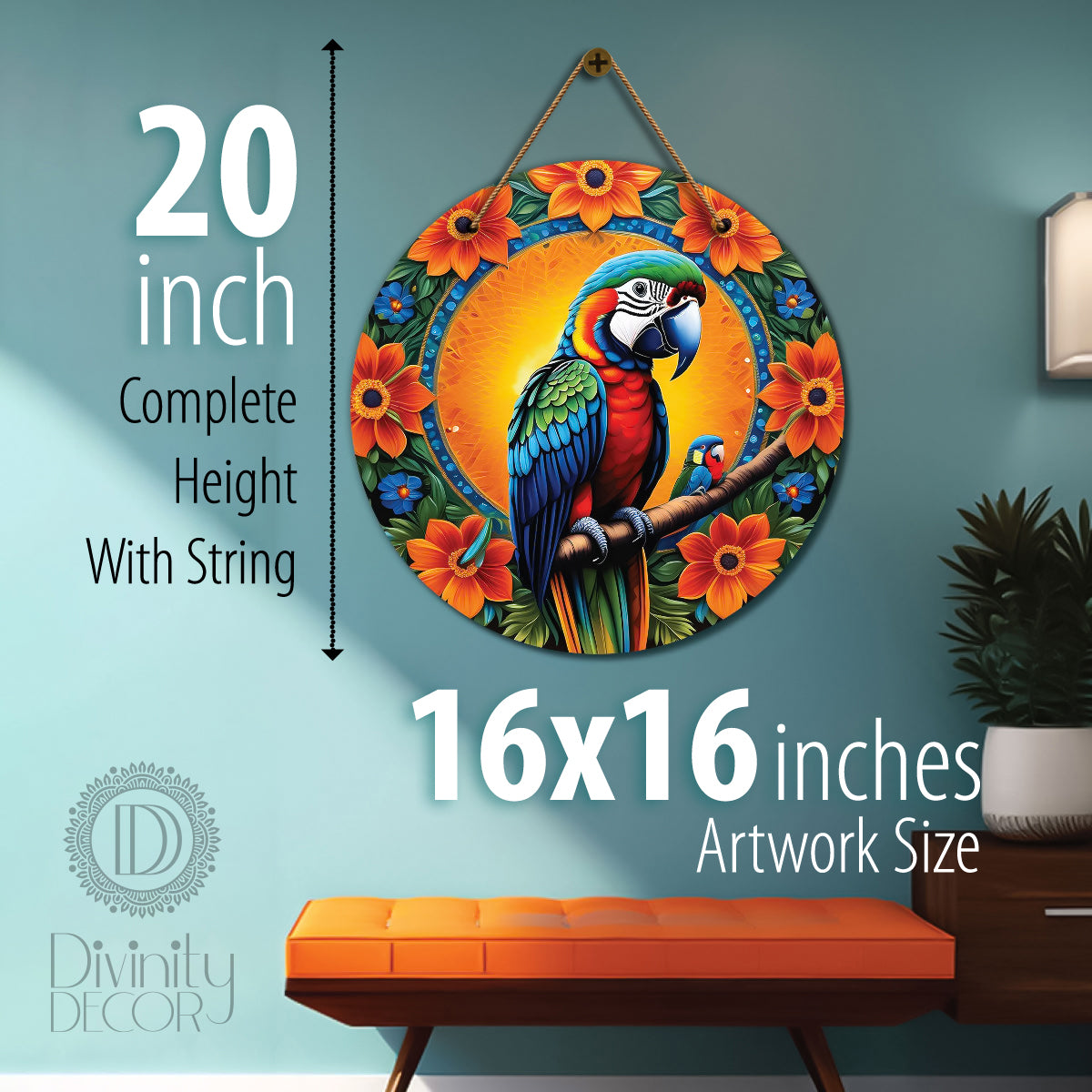 Parrot in green and orange mandala Round Wooden Wall Hanging for wall Décor - Design - 206