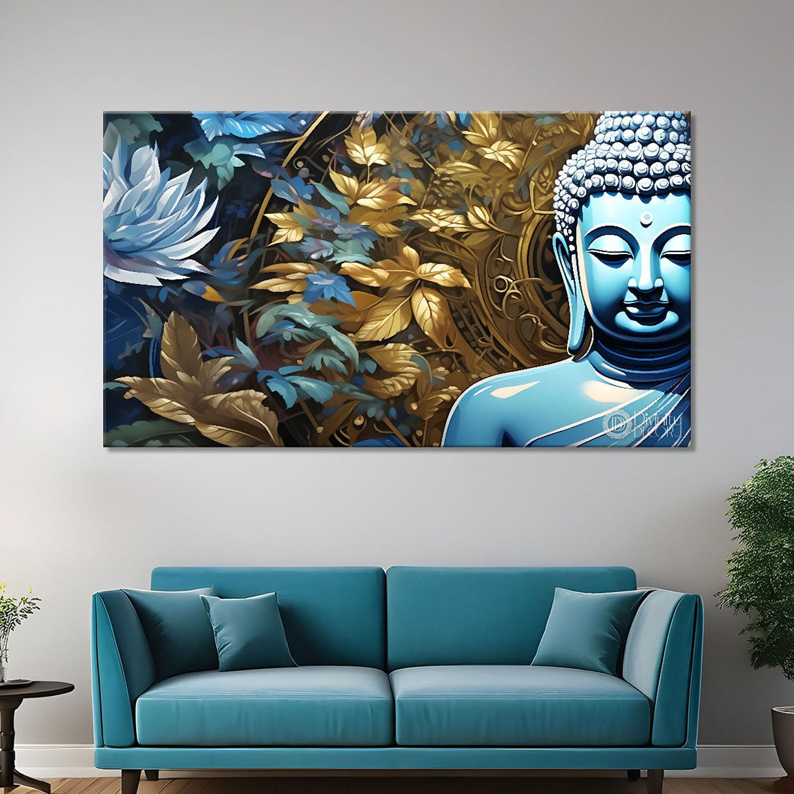Blue buddha with the golden leaves background painting Canvas Wall Painting - Buddha-207