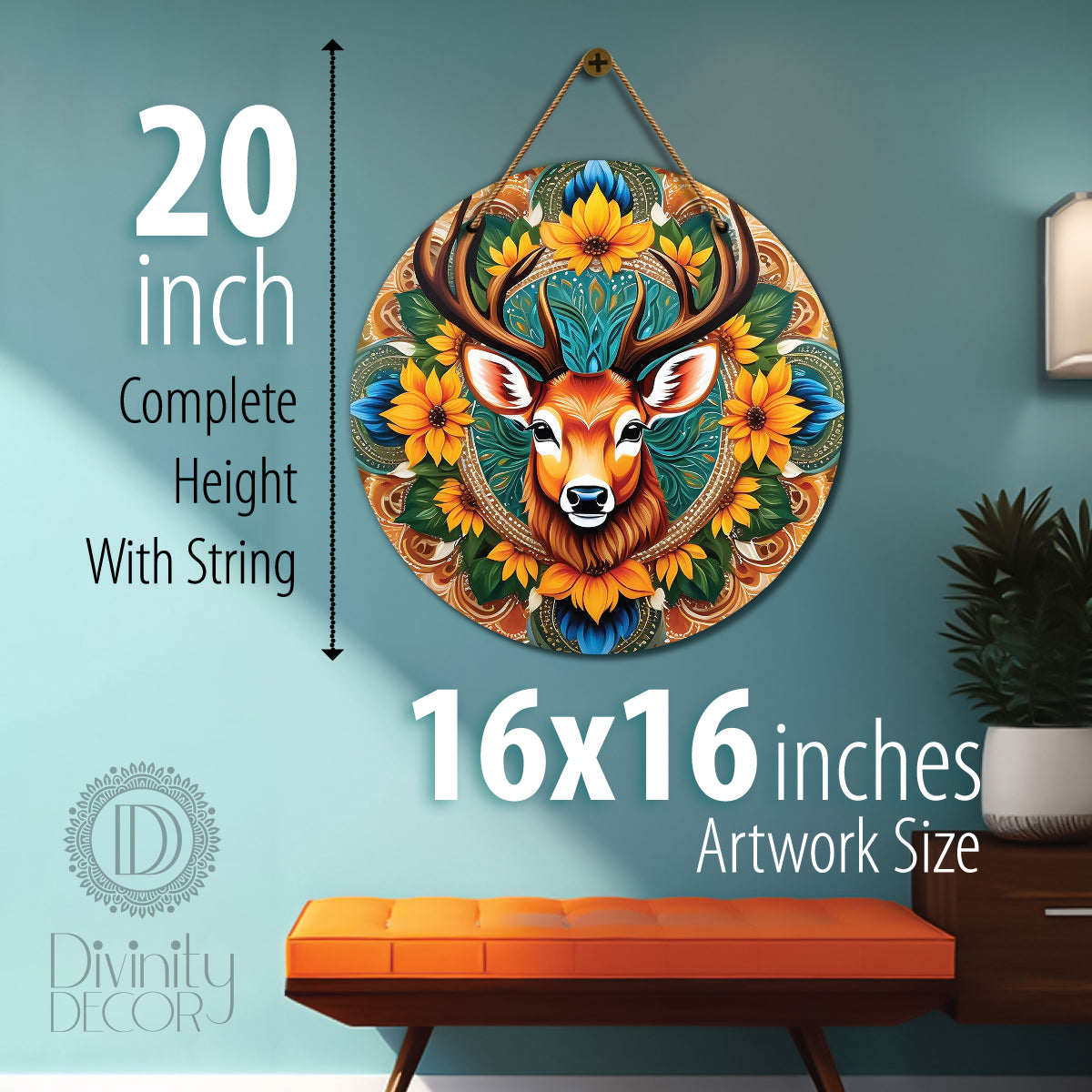 Deer in green and yellow mandala Round Wooden Wall Hanging for wall Décor - Design - 207