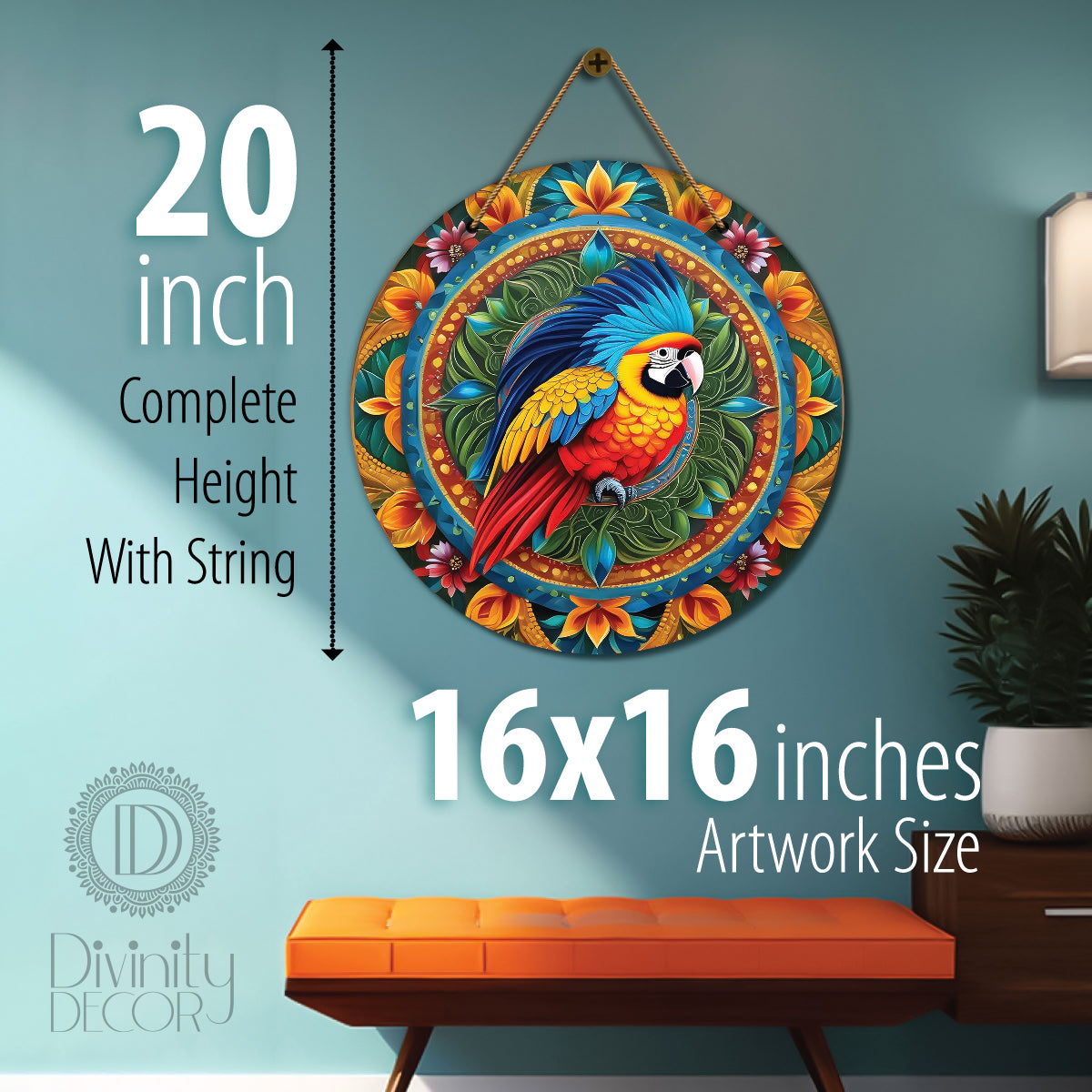 Parrot in green and yellow mandala Round Wooden Wall Hanging for wall Décor - Design - 208