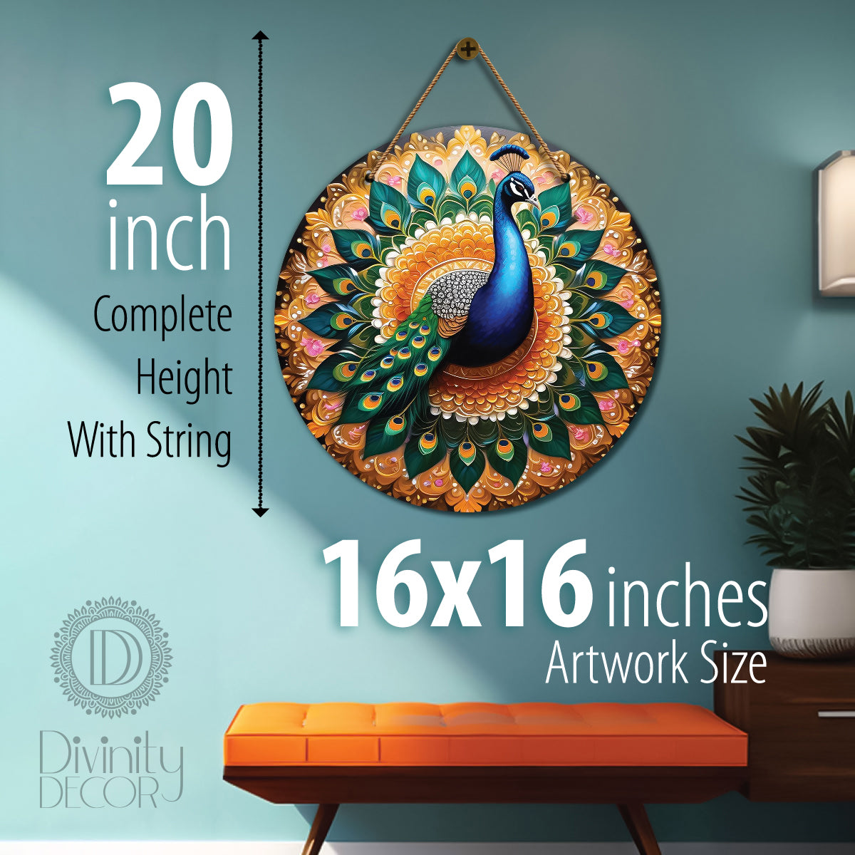 Peacock in green and golden mandala Round Wooden Wall Hanging for wall Décor - Design - 209
