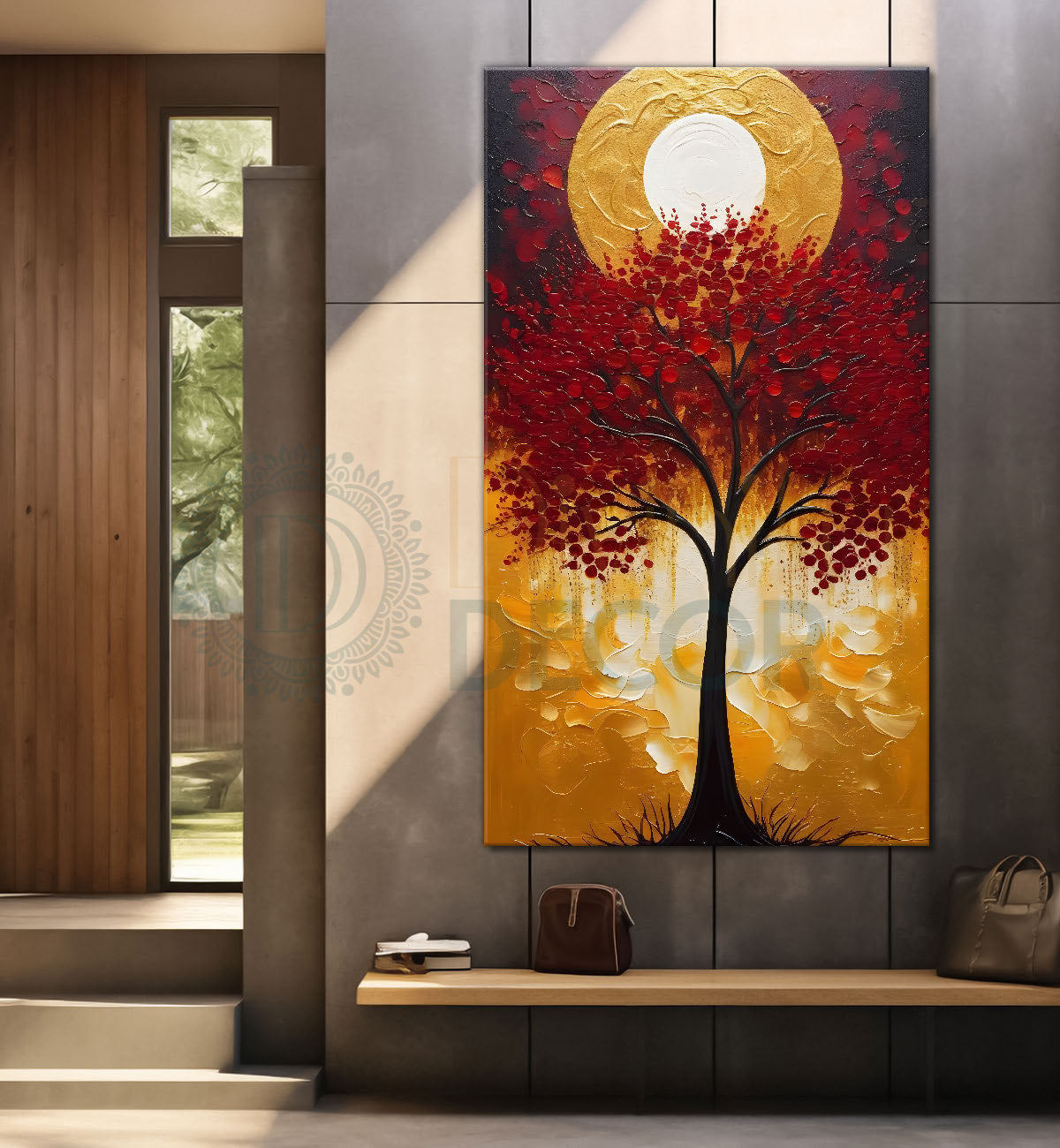 Red textured tree in front of sun with red textured oil painting Canvas painting - Tree-V-20