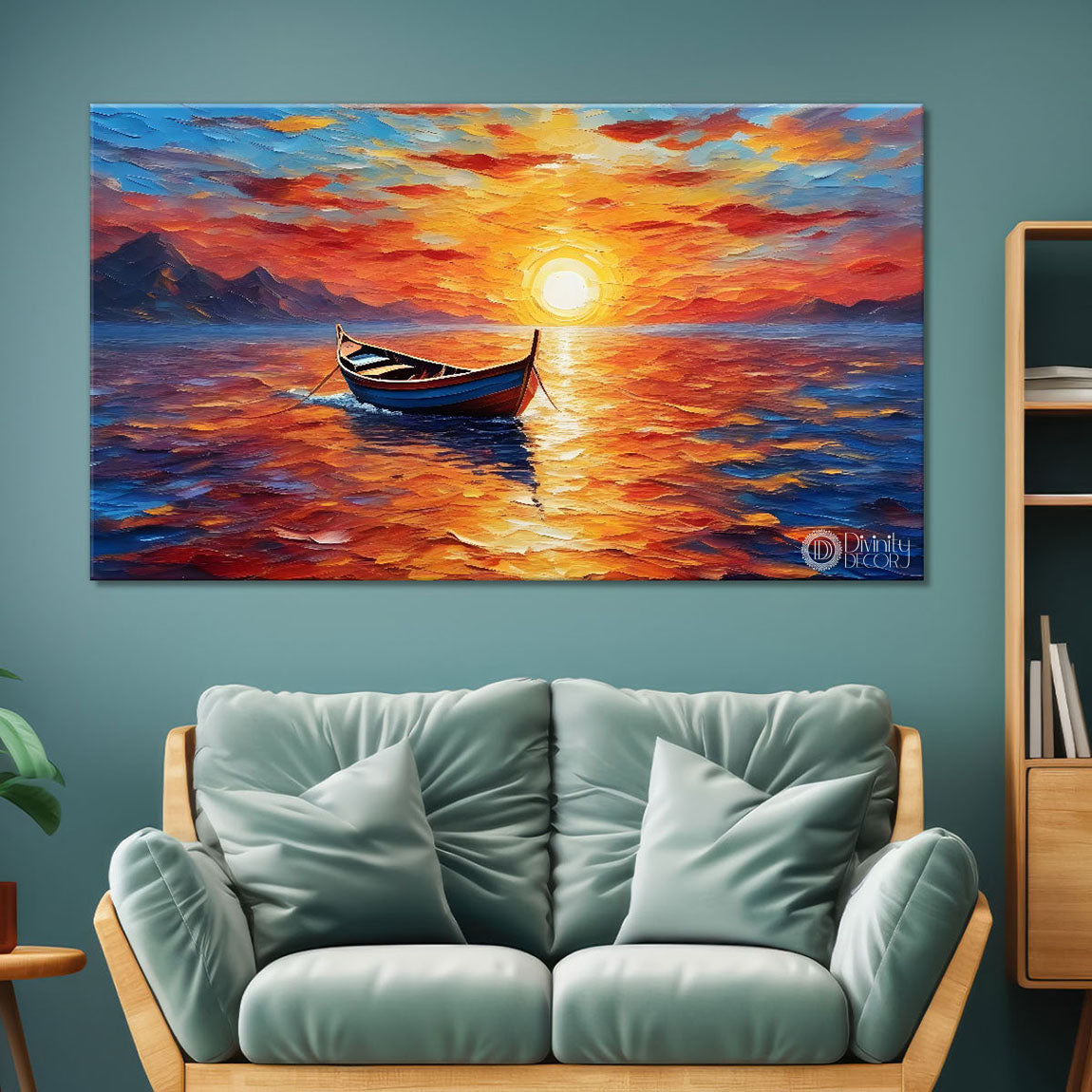 Boat in sea with sunrise background textured modern art canvas painting - Design - River-21