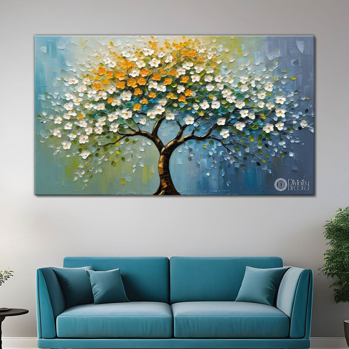 White flower tree in textured background oil painting- Design - Tree-212