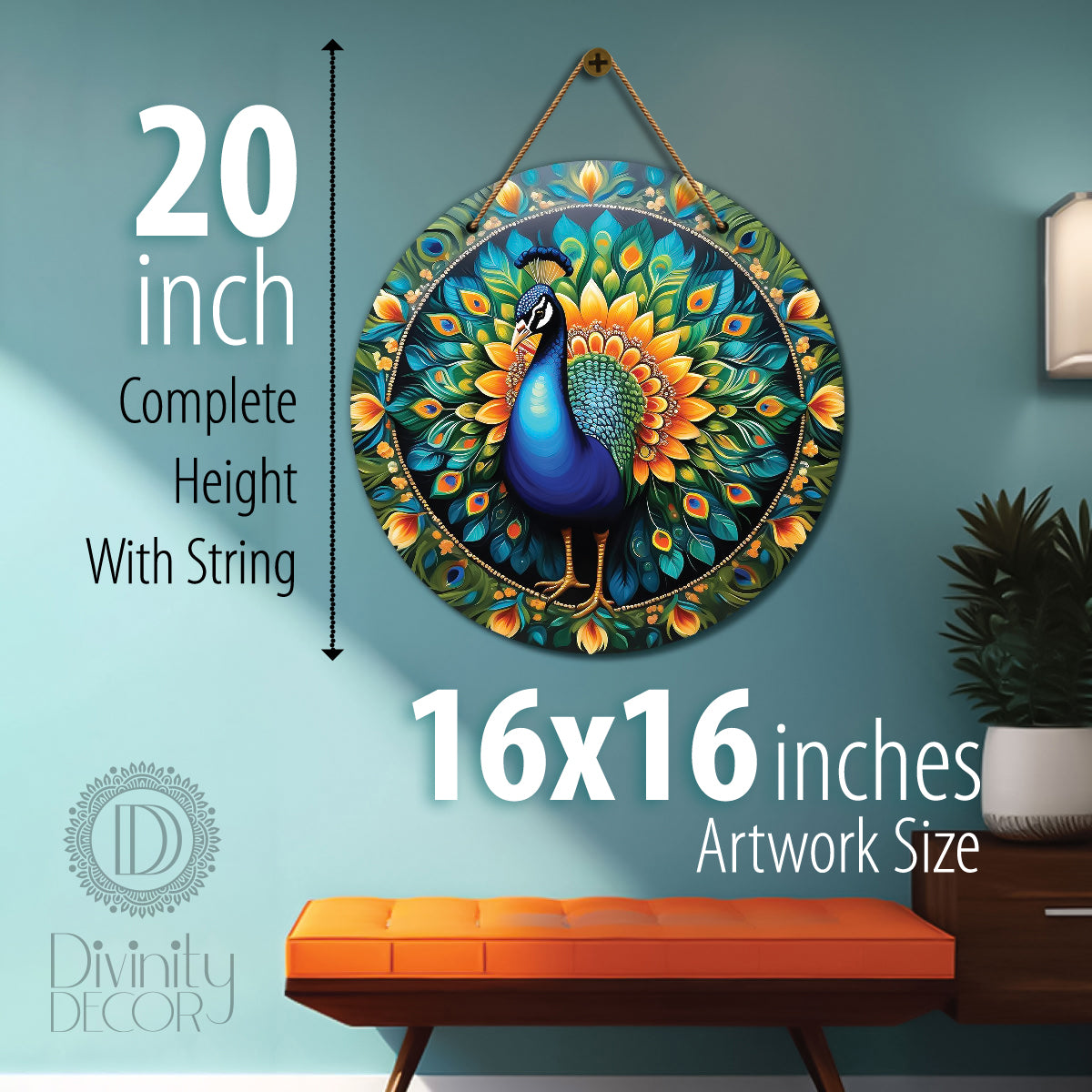 Peacock in green and yellow mandala Round Wooden Wall Hanging for wall Décor - Design - 212