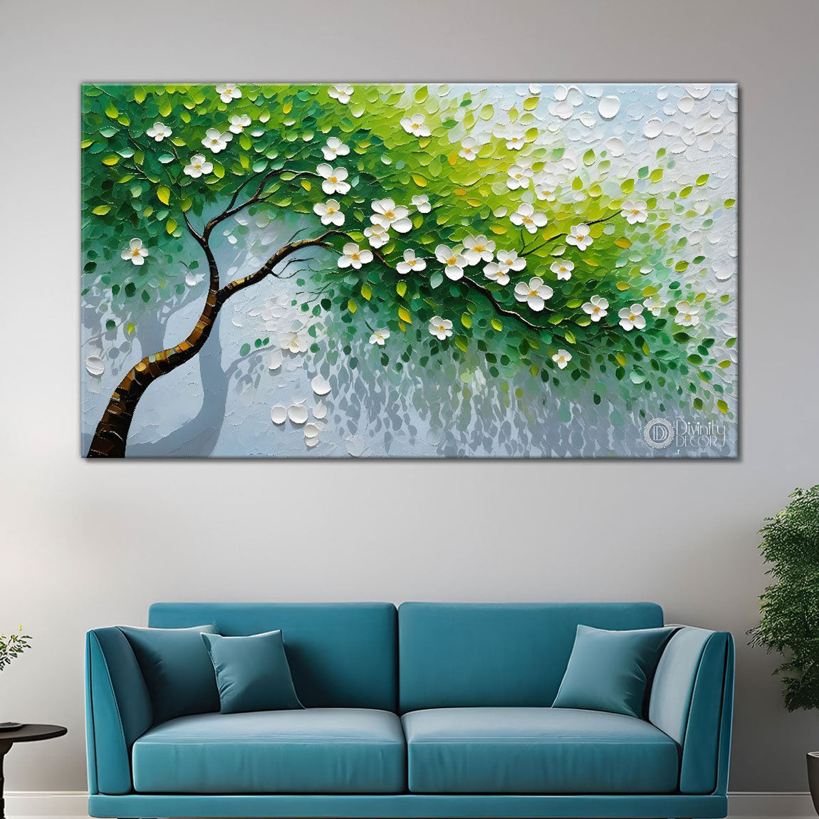 White flower tree in textured background oil painting- Design - Tree-213