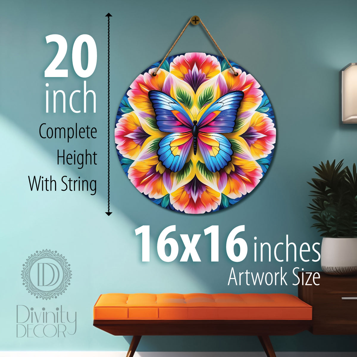 Butterfly in blue and pink mandala Round Wooden Wall Hanging for wall Décor - Design - 213