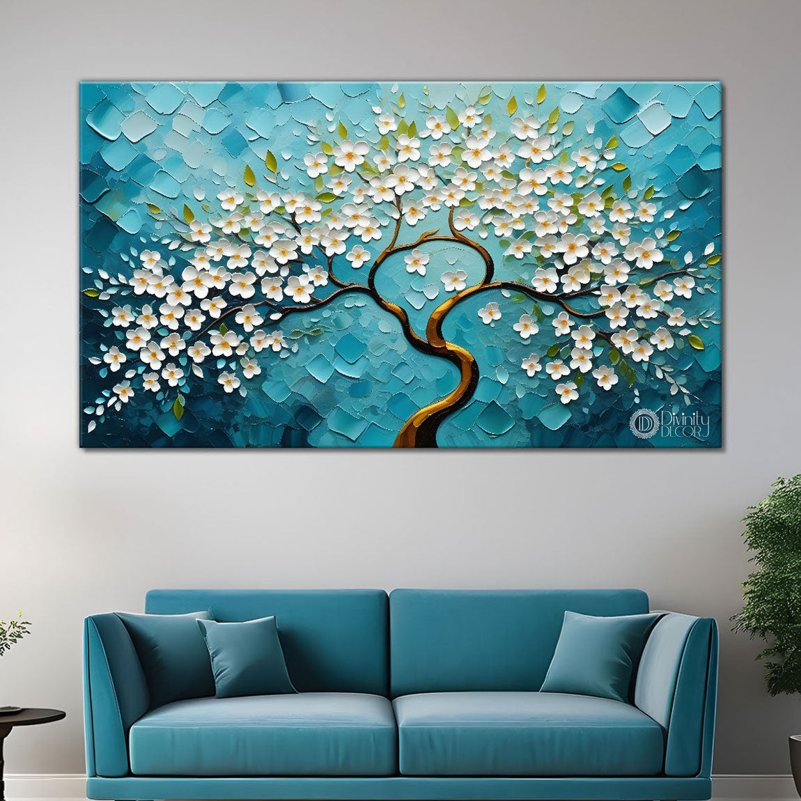 White flower tree in textured background oil painting- Design - Tree-214