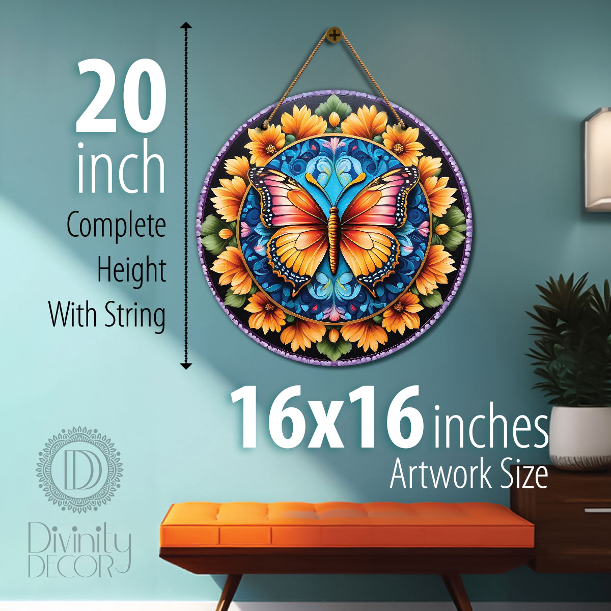 Butterfly in blue and yellow mandala Round Wooden Wall Hanging for wall Décor - Design - 214