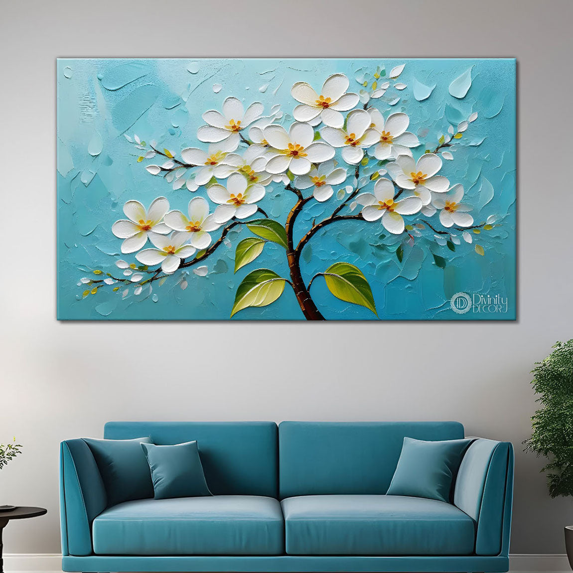 White flower tree in textured background oil painting- Design - Tree-216