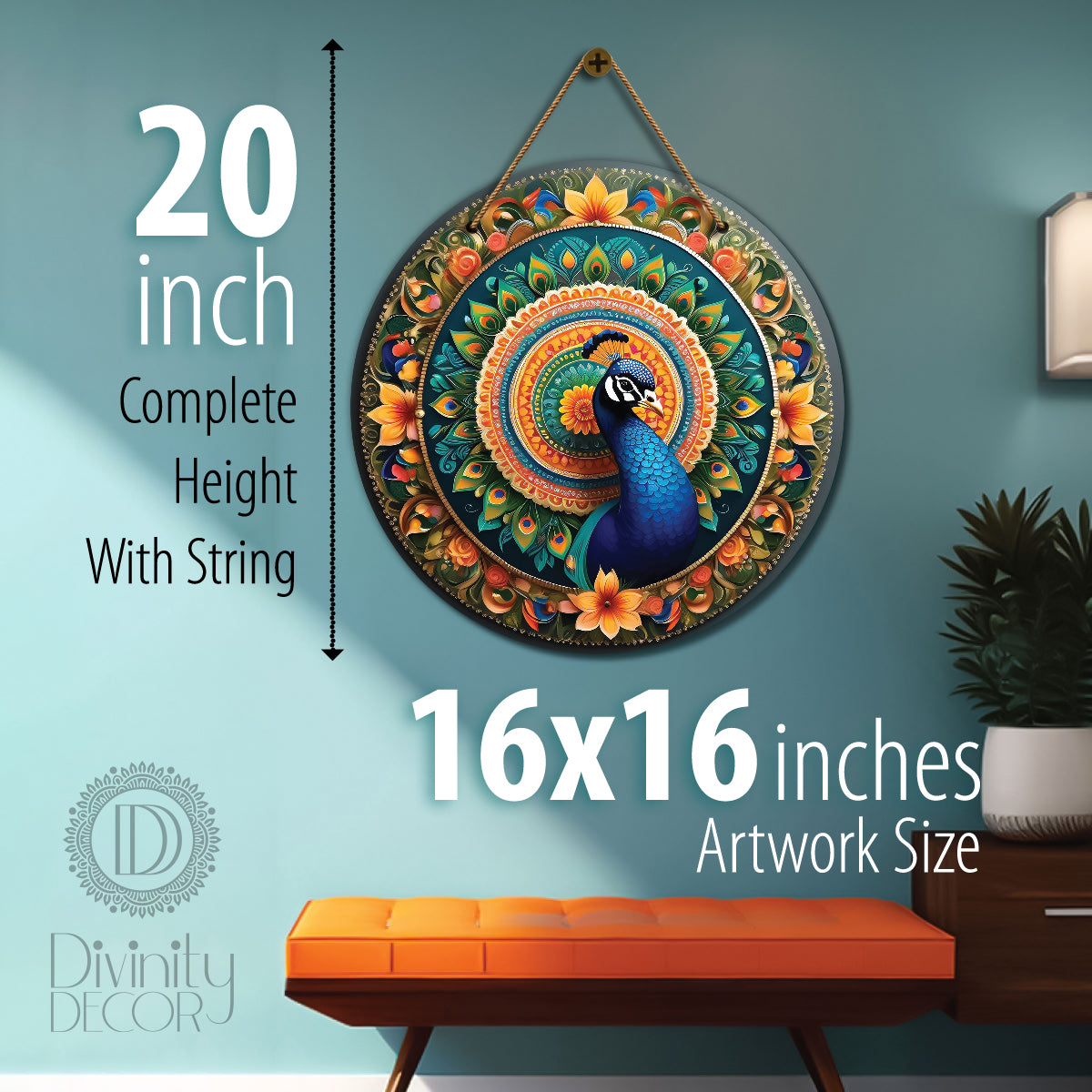 Peacock in green and yellow mandala Round Wooden Wall Hanging for wall Décor - Design - 216