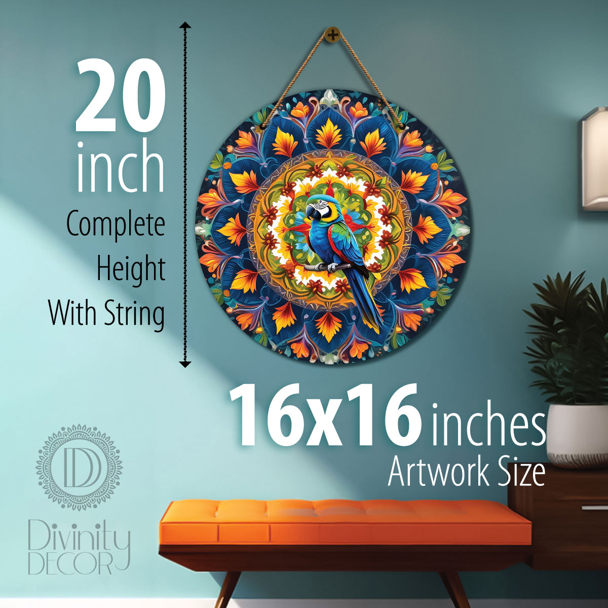 Parrot in green and yellow mandala Round Wooden Wall Hanging for wall Décor - Design - 217