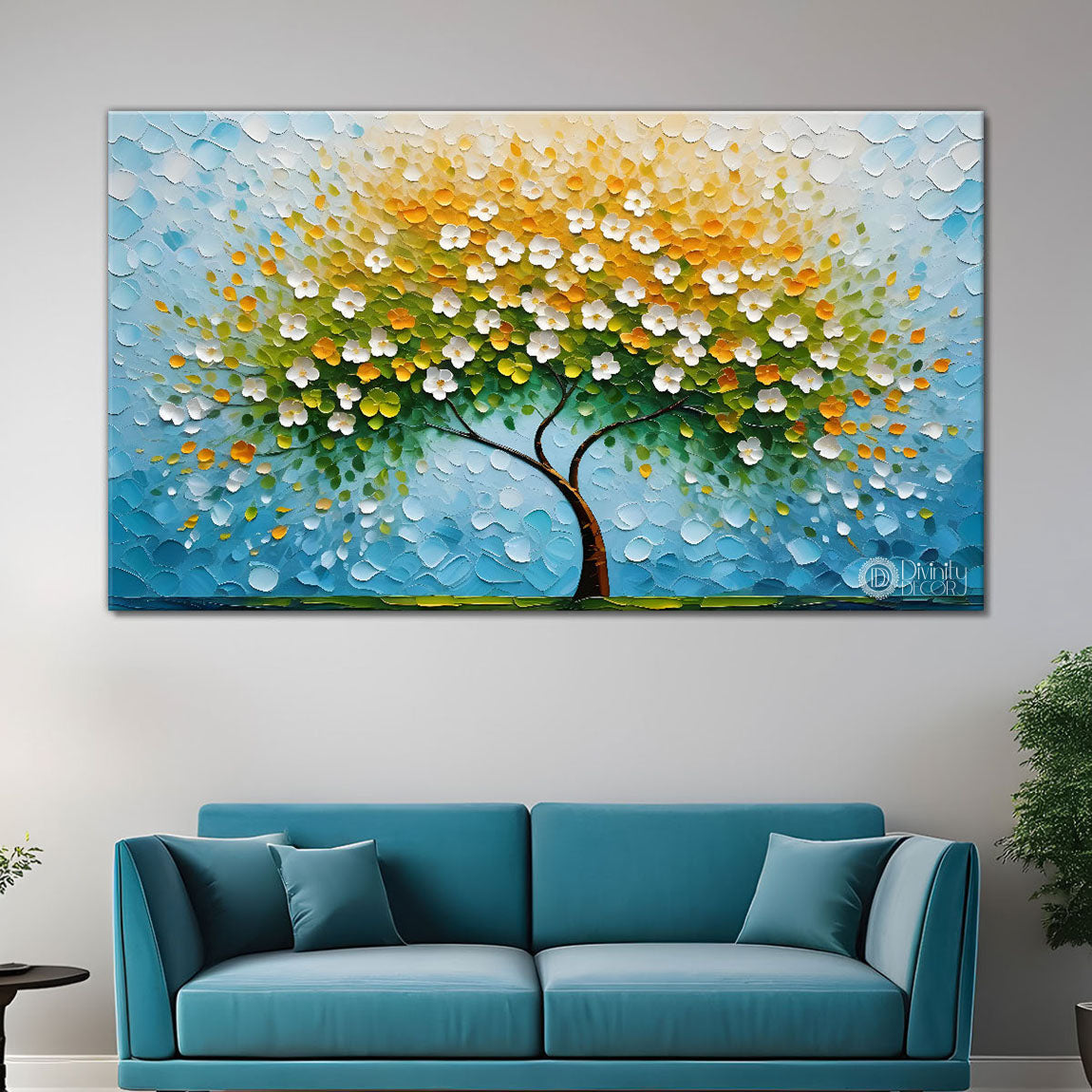 White flower tree in textured background oil painting- Design - Tree-218