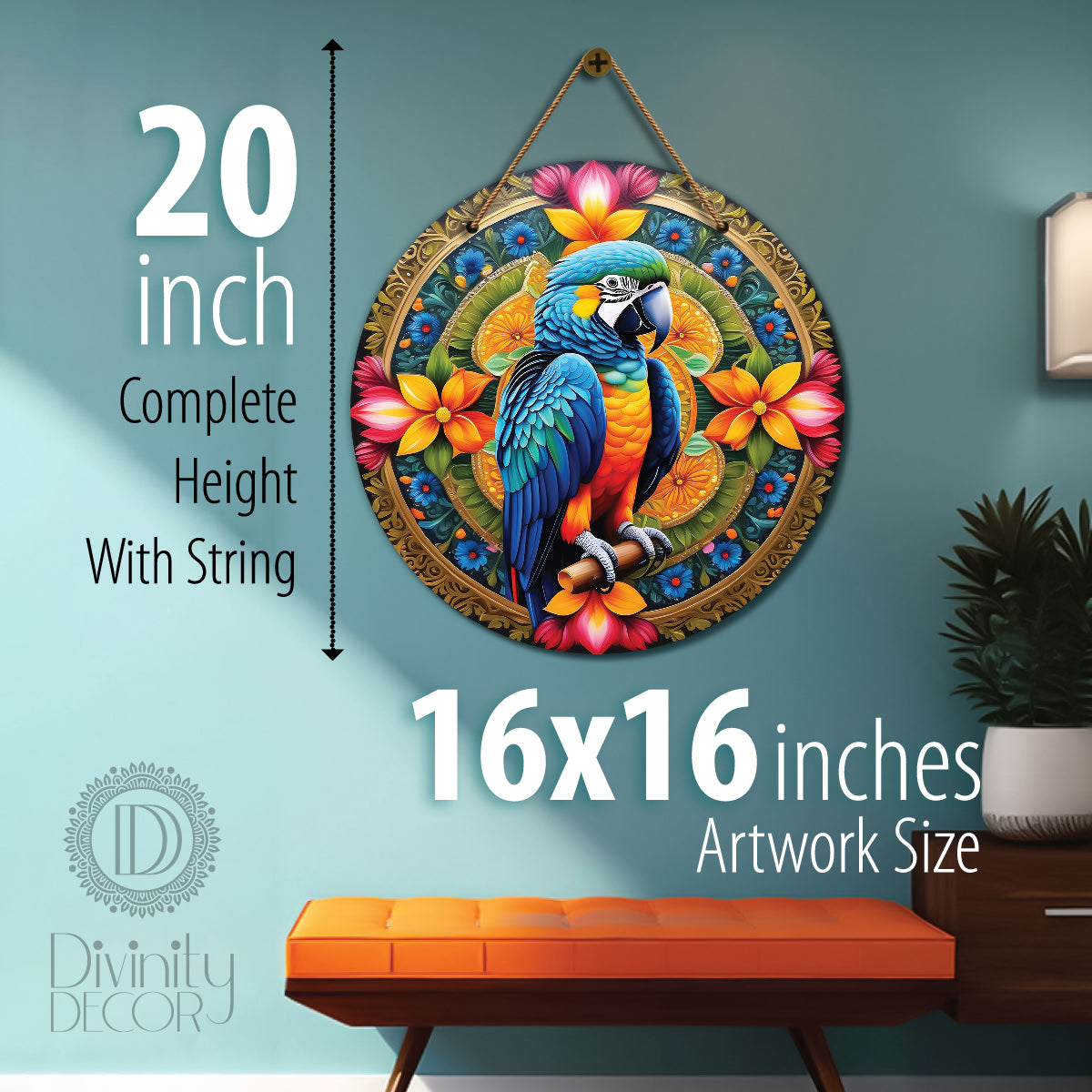 Parrot in green and orange mandala Round Wooden Wall Hanging for wall Décor - Design - 218