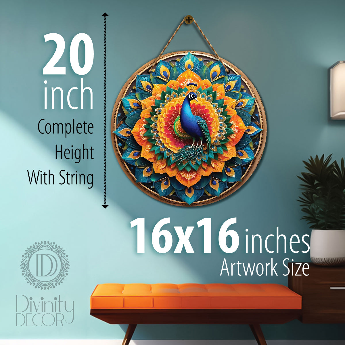 Peacock in green and orange mandala Round Wooden Wall Hanging for wall Décor - Design - 219