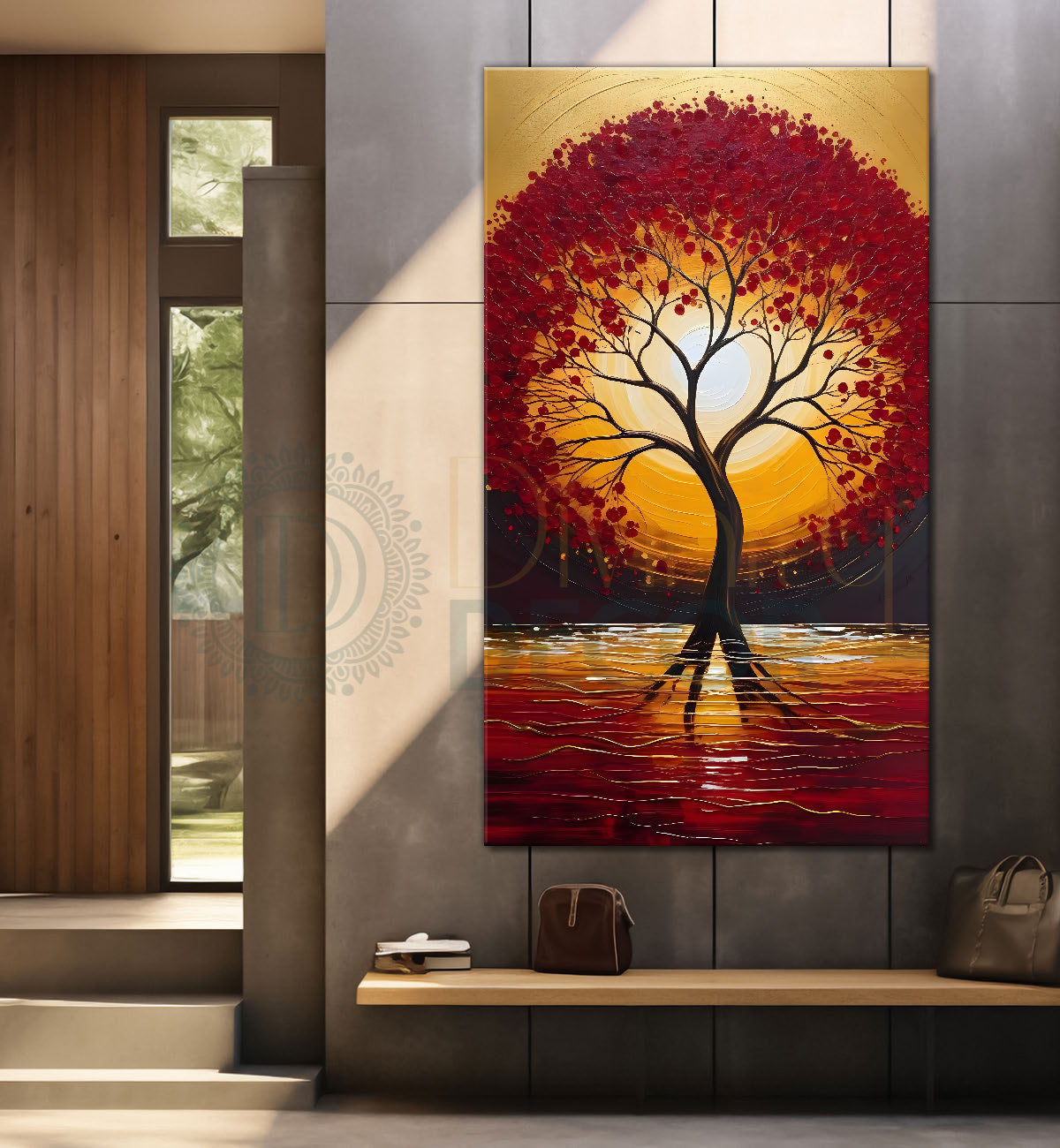Red textured tree in front of sun with red textured oil painting Canvas painting - Tree-V-21