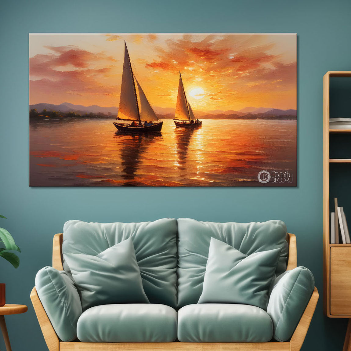 Boats in river with sunset background textured modern art canvas painting - Design - River-22
