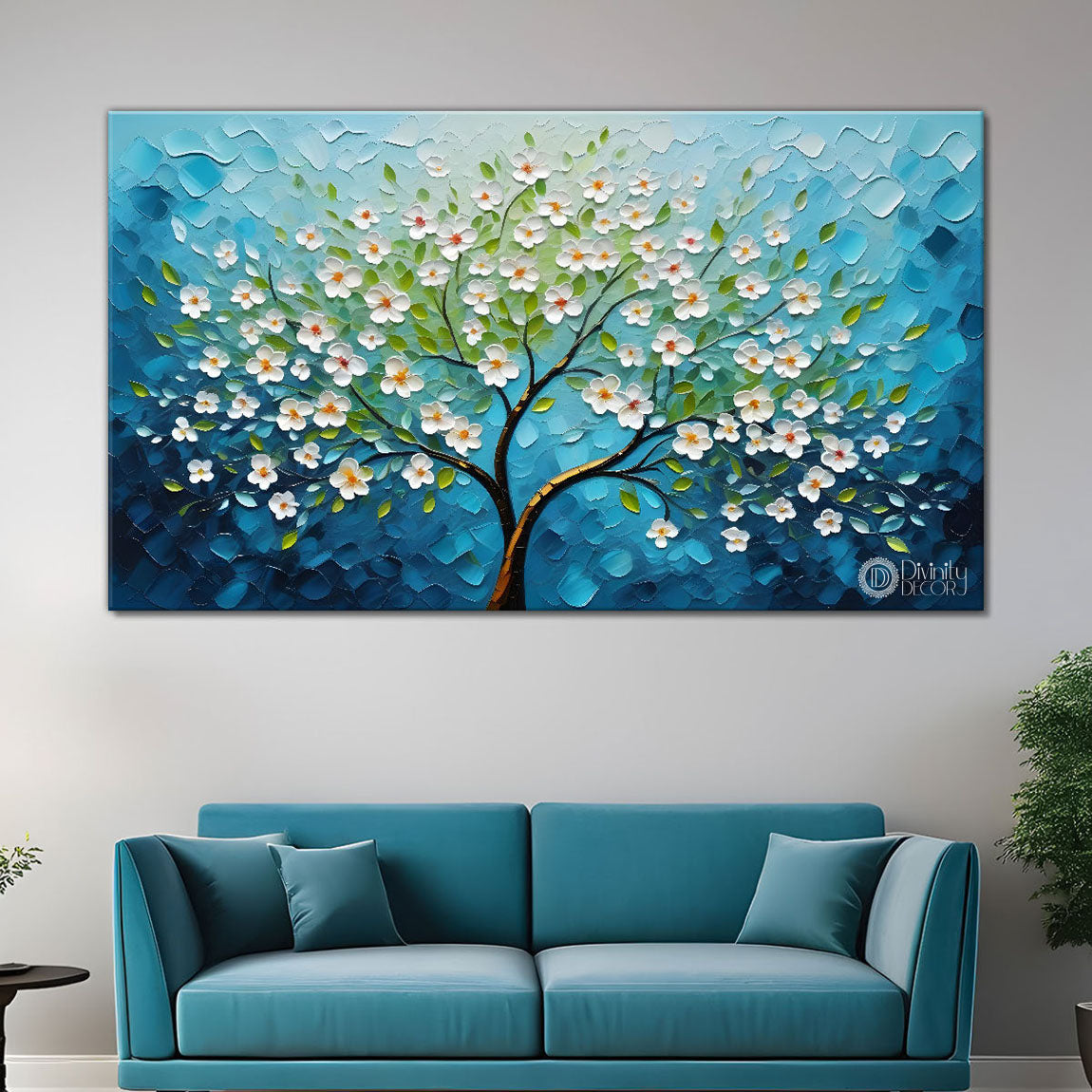 White flower tree in textured background oil painting- Design - Tree-220