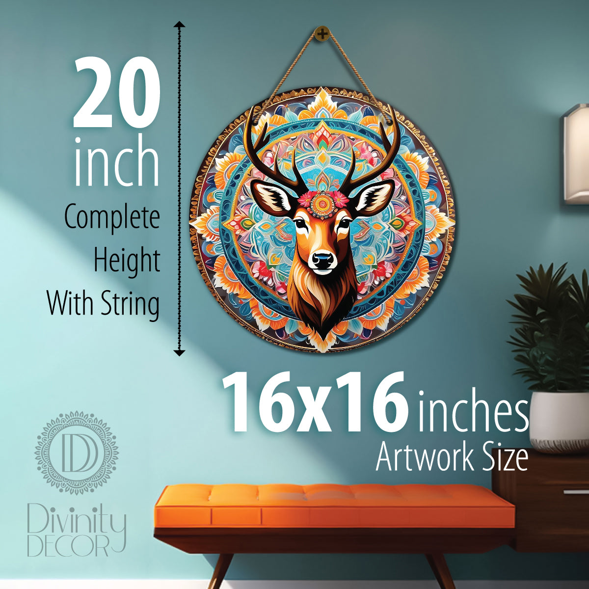 Deer in blue and orange mandala Round Wooden Wall Hanging for wall Décor - Design - 220